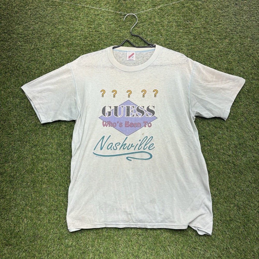 Vintage 80s Paper Thin GUESS Shirt Mens Large Guess Who's Been To Nashville Surf